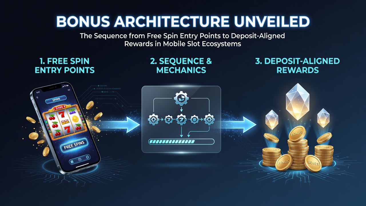 Diagram showing the flow from free spin entry points to deposit-aligned rewards in mobile slot apps