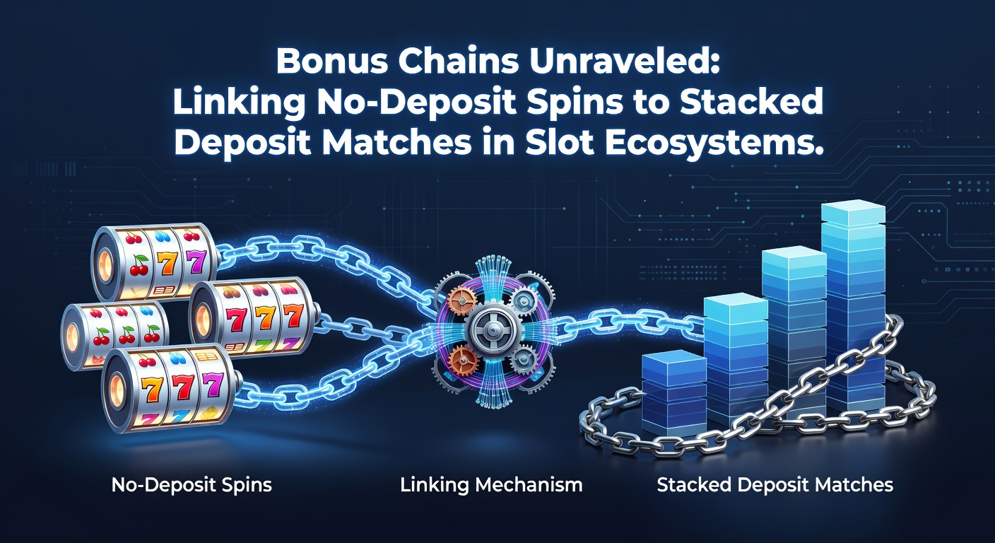 Diagram illustrating the flow from no-deposit spins through stacked deposit matches, with icons representing slot reels and bonus multipliers