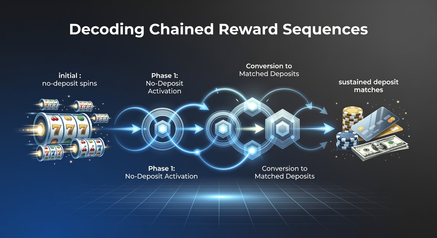 Diagram showing bonus chain flow from no-deposit spins through deposit match stages on mobile