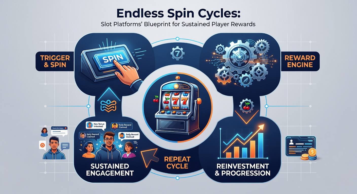 Infographic showing a looping cycle diagram with icons for free spins, deposit bonuses, loyalty tiers, and cashback rewards interconnecting on a vibrant slot platform interface
