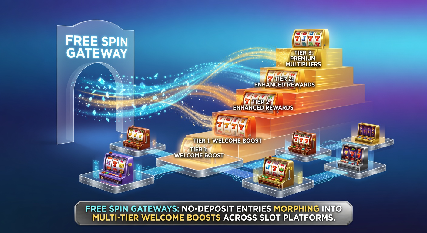 Vibrant slot reels spinning with overlaid bonus icons representing free spins evolving into stacked welcome offers