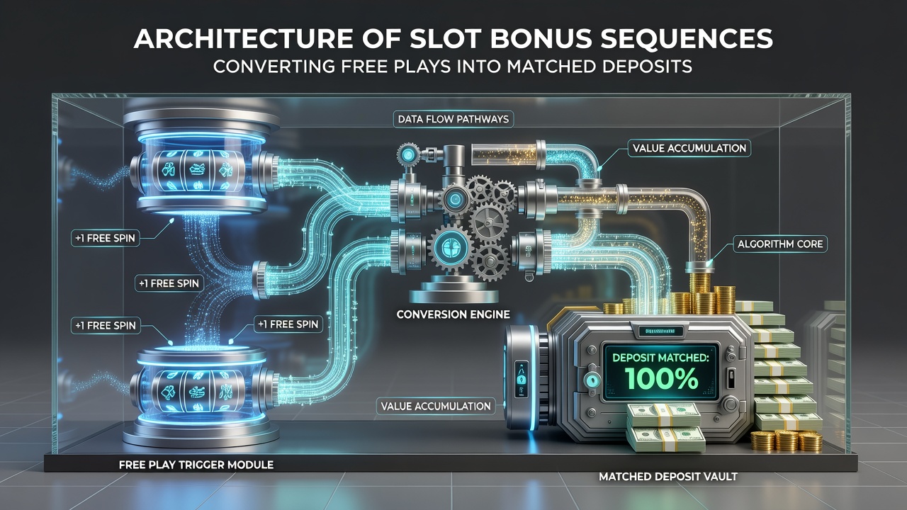 Flowchart of bonus architecture showing layered transitions from free spins to deposit matches