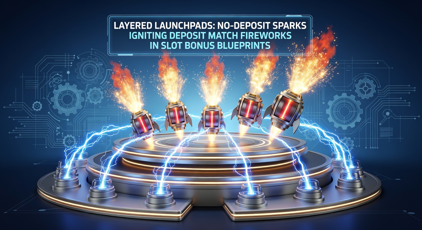 Detailed blueprint diagram of slot bonus layers, showing no-deposit sparks flowing into deposit match fireworks with cascading multipliers and progressive unlocks