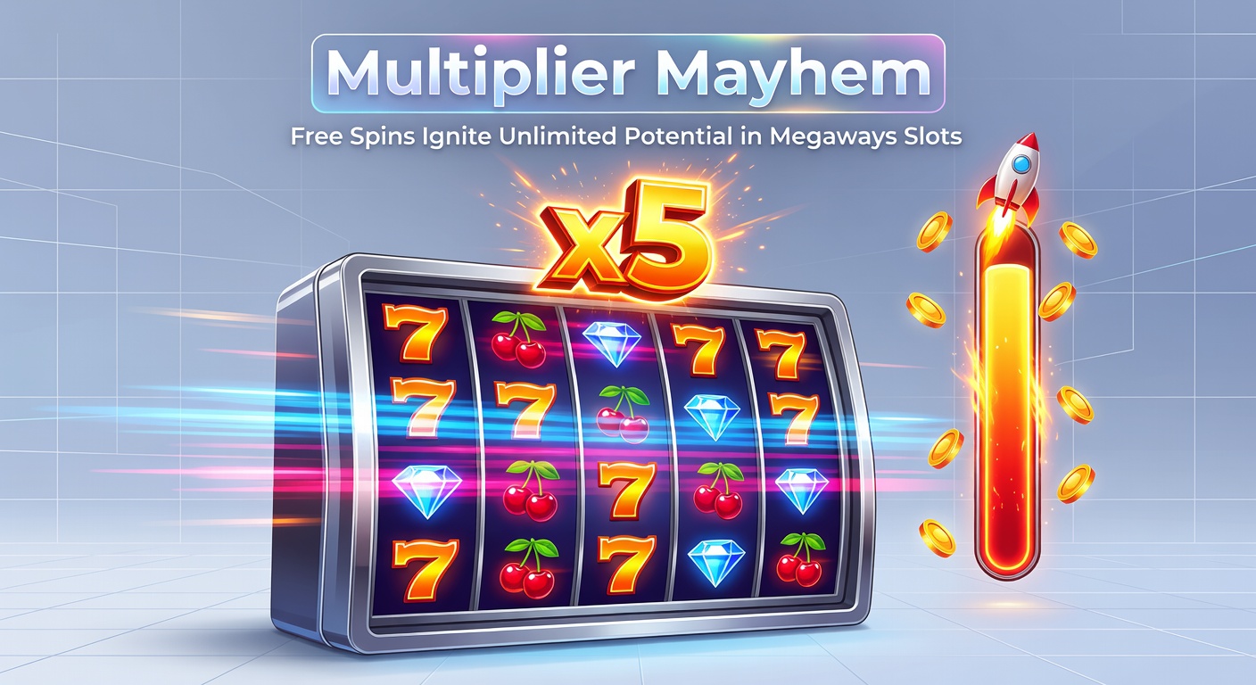 Close-up of a Megaways free spins bonus round with multiplier meter climbing rapidly, cascading wins, and unlimited retrigger icons glowing
