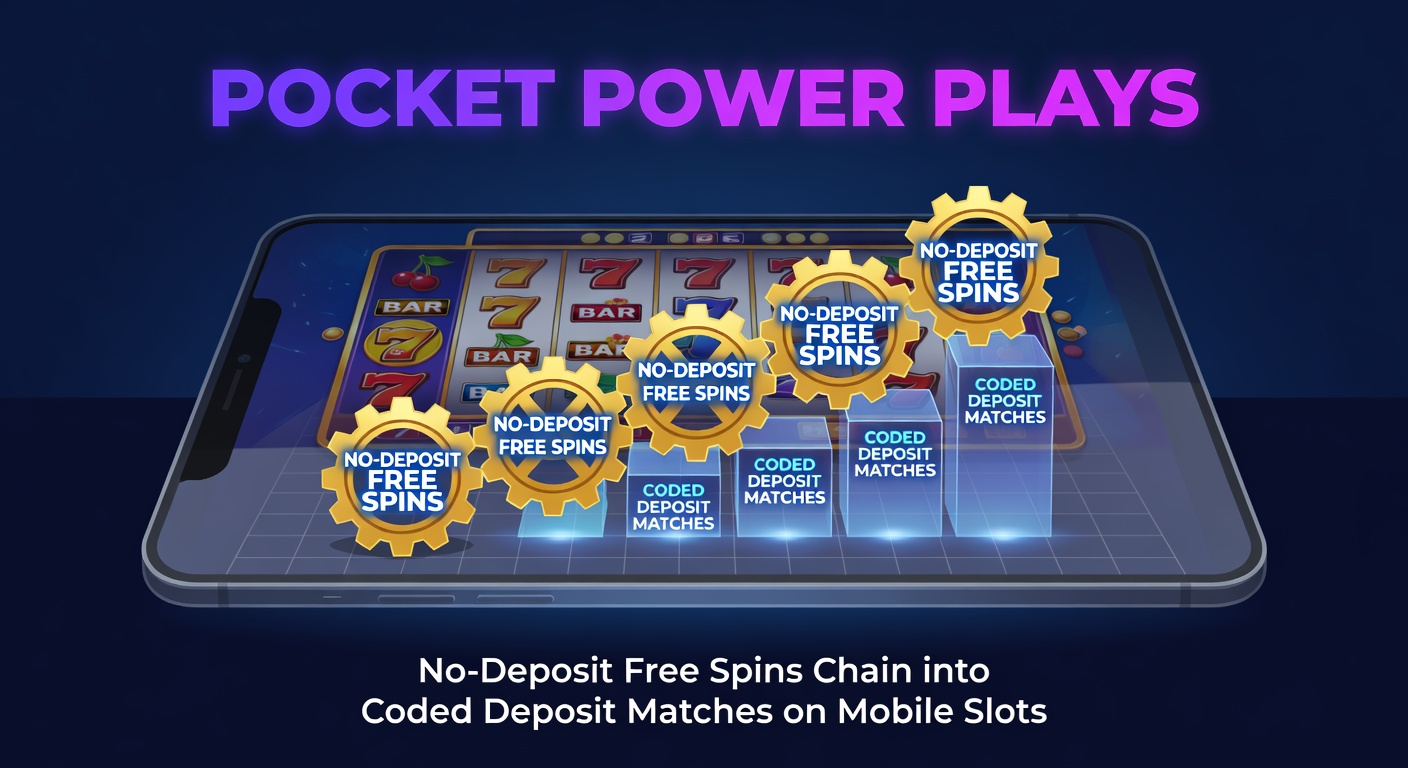 Close-up of a smartphone displaying a slot game bonus chain, with no-deposit spins transitioning to a deposit match code entry screen and glowing jackpot symbols