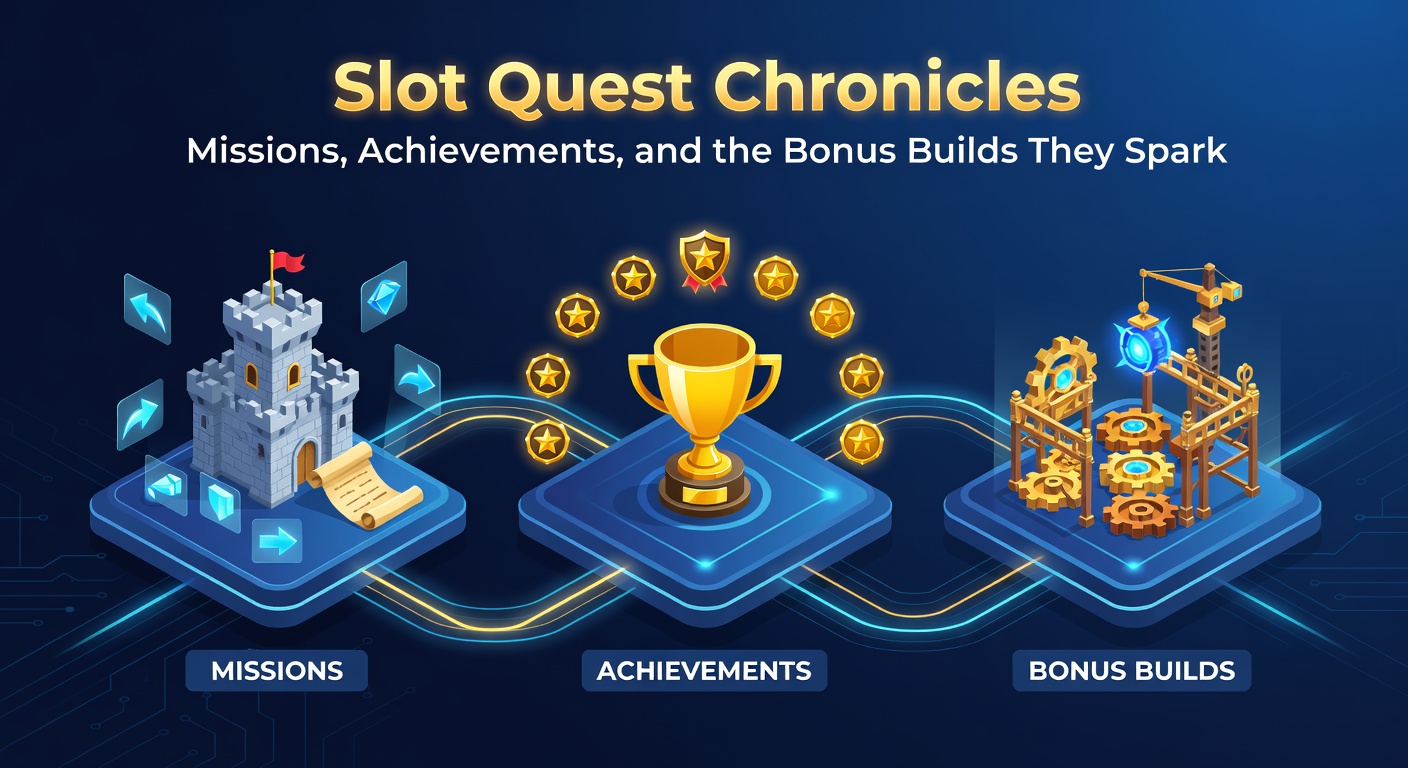 Vibrant screenshot of Slot Quest Chronicles interface showing active missions and glowing achievement badges amid spinning reels