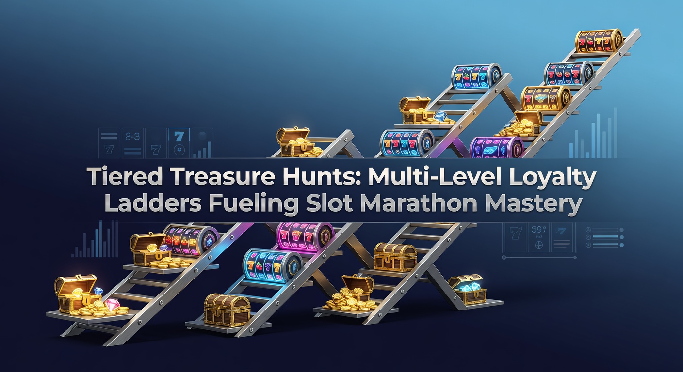 Visual representation of a multi-level loyalty ladder in online slots, showing ascending tiers with treasure chests and slot reels at each stage
