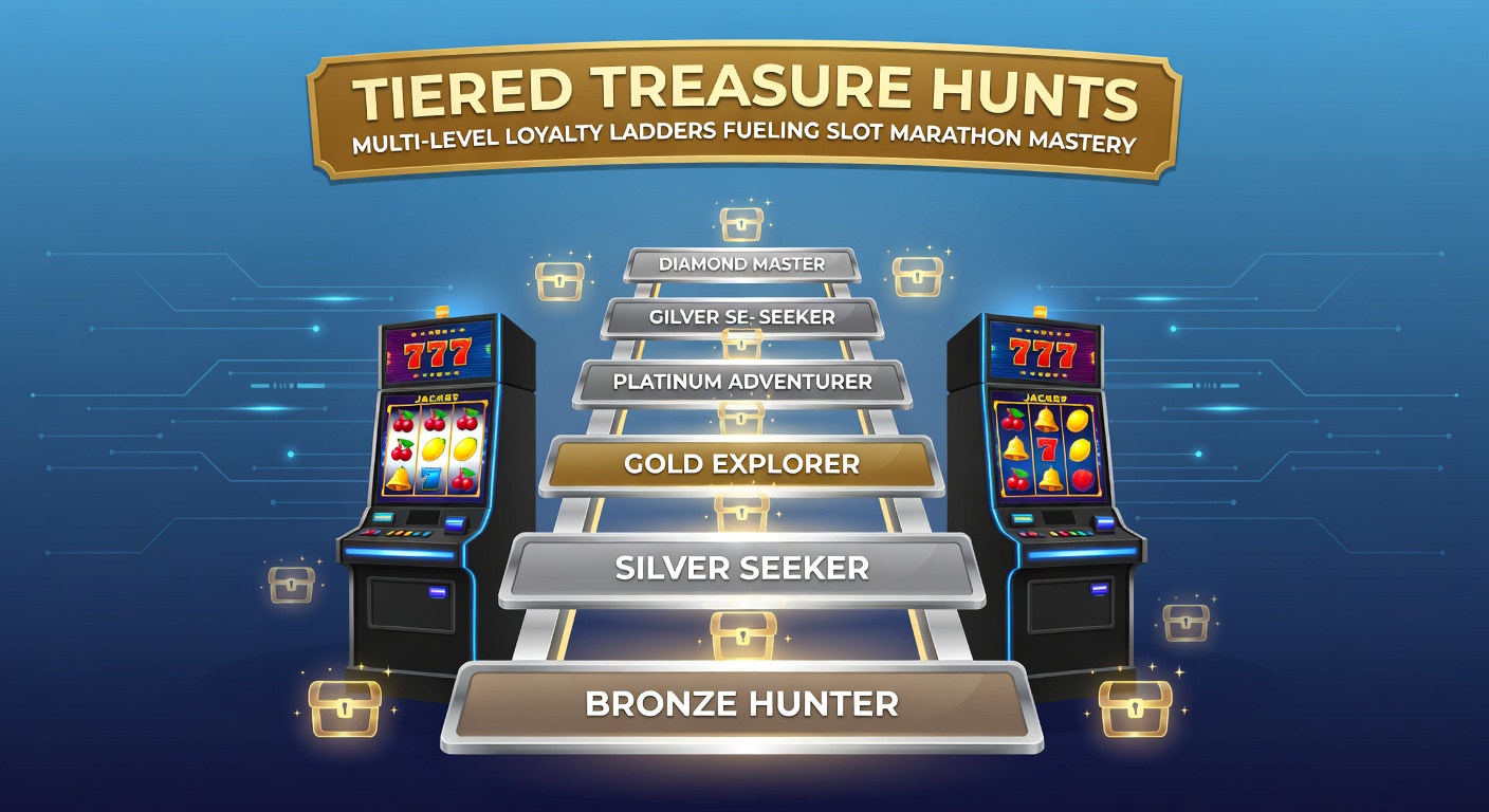 Illustration of slot players ascending a glowing loyalty ladder, with jackpot symbols and reward icons bursting from higher tiers