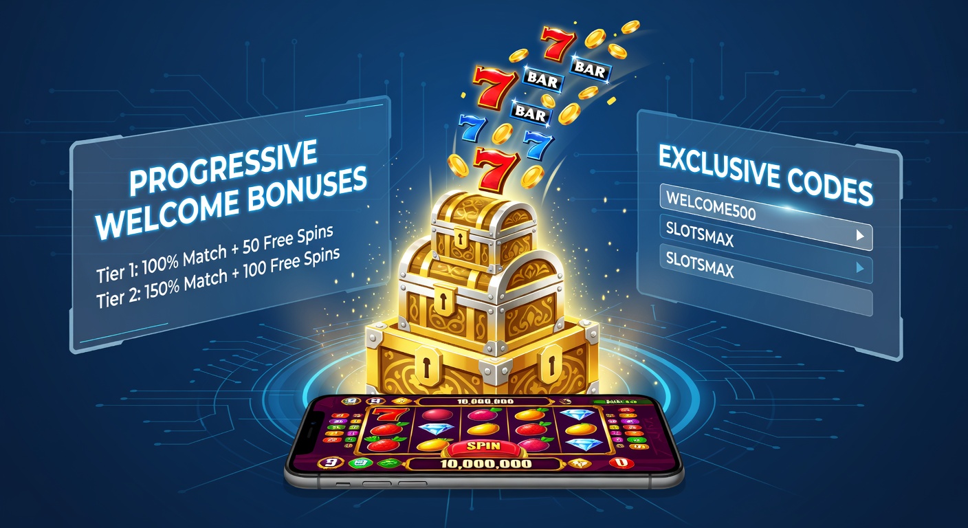 Close-up of a mobile phone showing exclusive bonus code entry screen with progressive tiers stacking gold coins and slot reels in the background