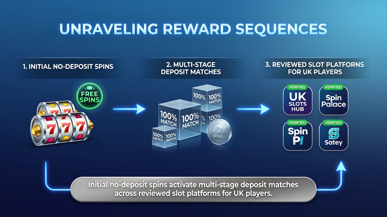Illustration of slot bonus reward sequences showing no-deposit spins transitioning into multi-stage deposit matches on UK platforms