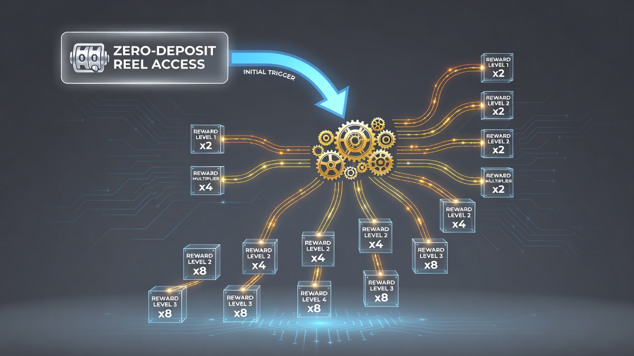 Sequence diagram of bonus multipliers chaining from zero-deposit access in mobile slot apps