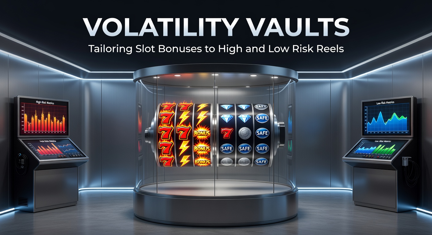 Graphic illustrating a vault door splitting into high-volatility explosive wins on one side and low-volatility steady payouts on the other, with slot reels and bonus icons bursting forth