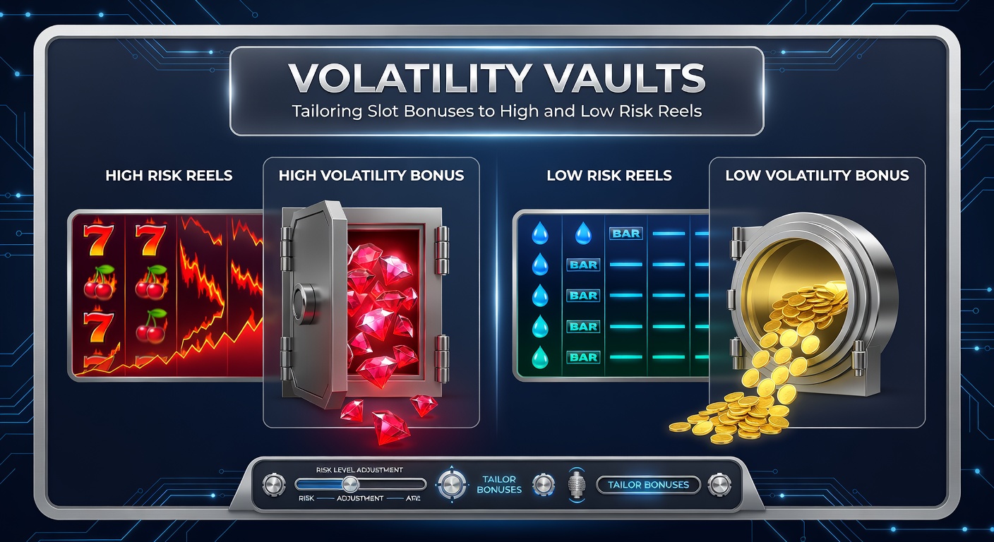 Split-screen visualization of a high-volatility slot exploding with massive win lines and multipliers versus a low-volatility slot showing frequent small payouts and steady bonus accumulators
